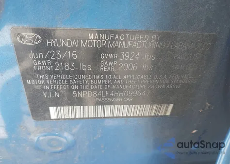 2017 Hyundai Elantra Limited z USA, uszkodzony, nr VIN 5NPD84LF4HH099647